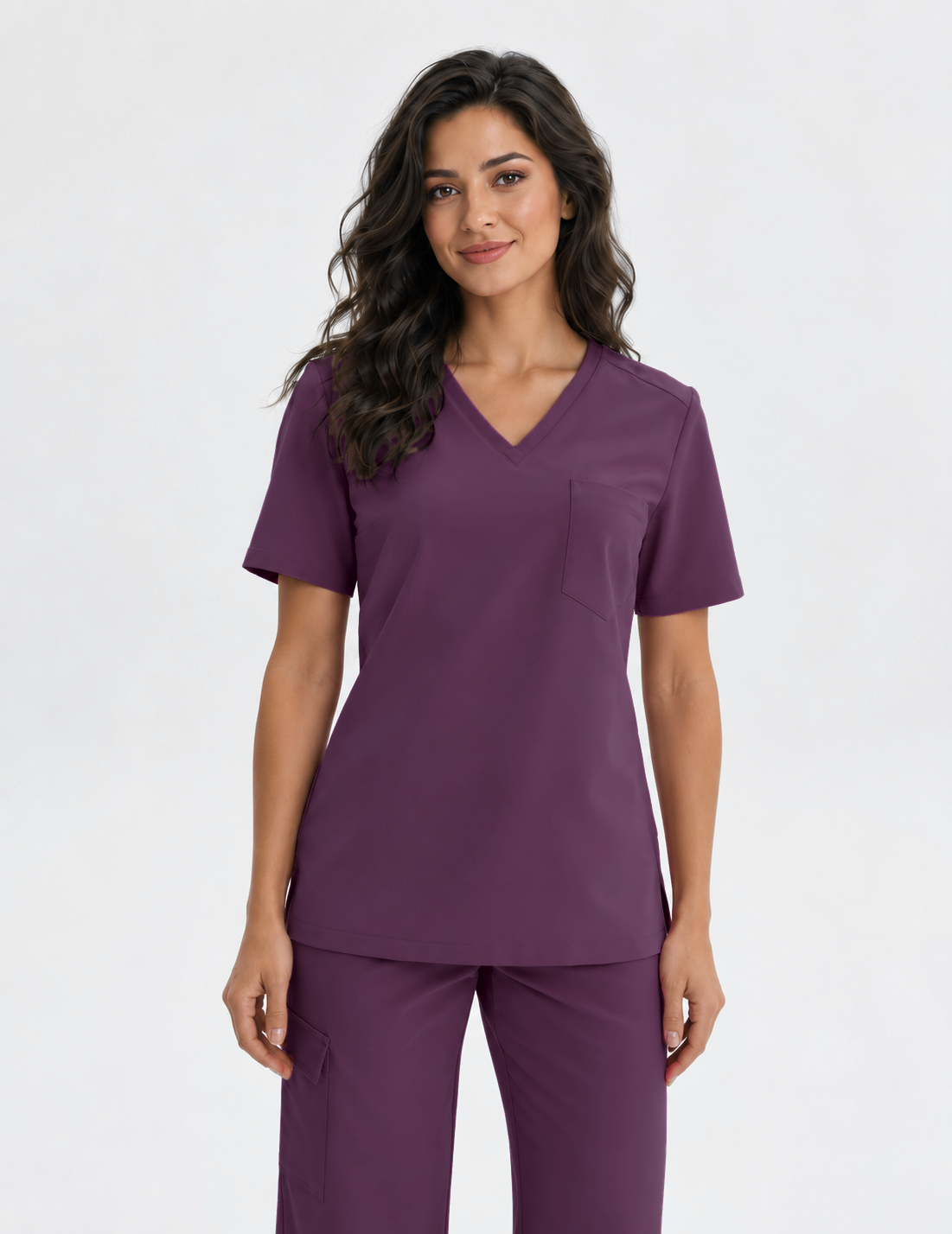 Damen Kasack mit V-Ausschnitt Aura, Farbe aubergine, vorne