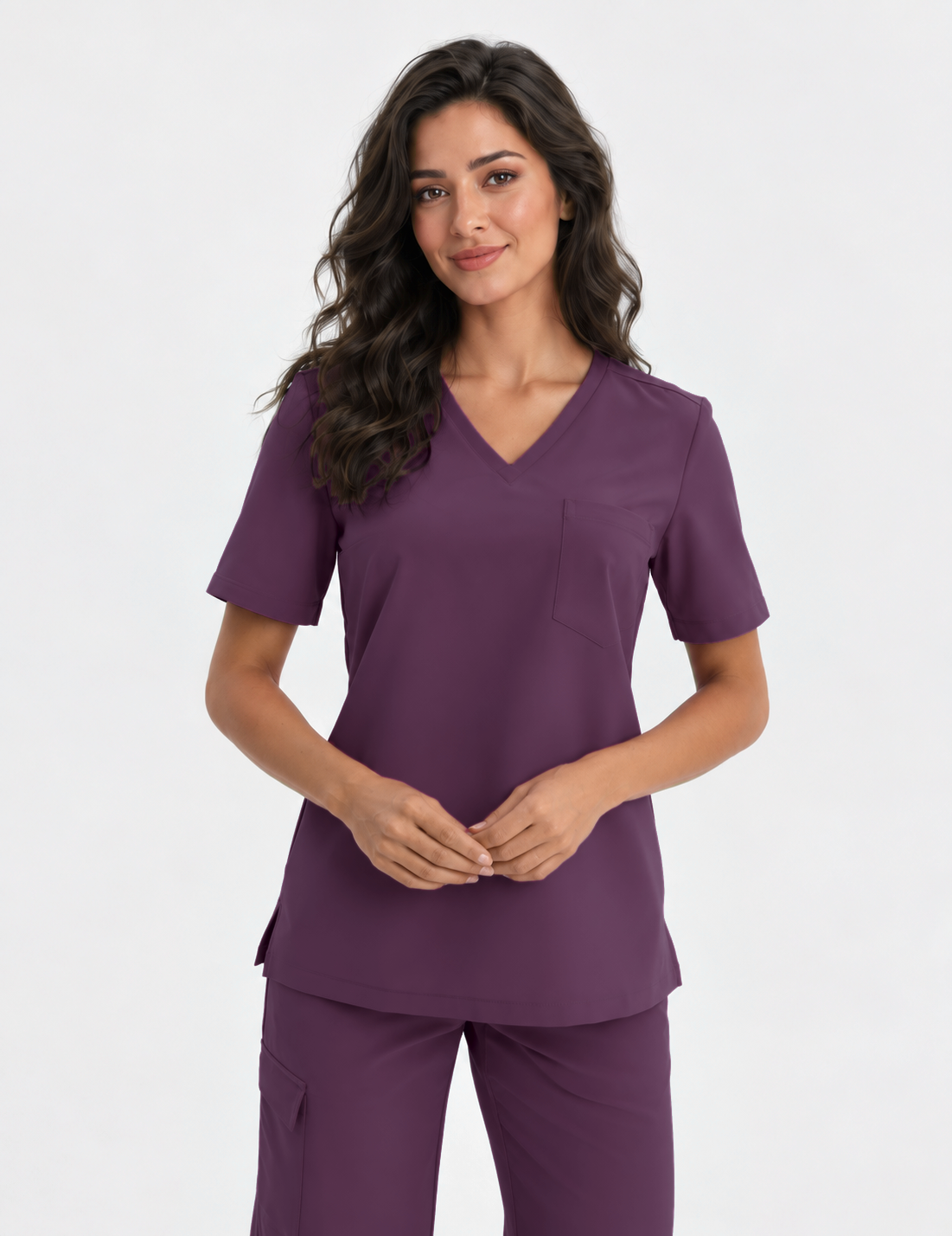 Damen Kasack mit V-Ausschnitt Aura, Farbe aubergine, vorne