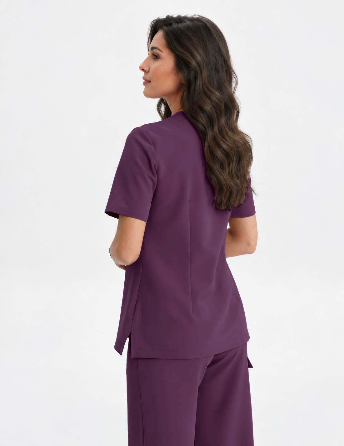 Damen Kasack mit V-Ausschnitt Aura, Farbe aubergine, hinten