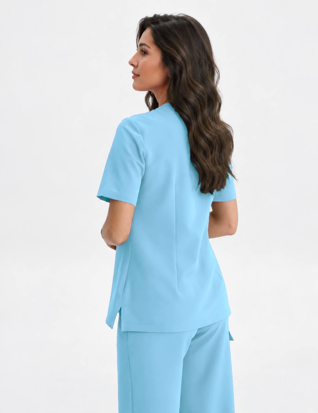 Damen Kasack mit V-Ausschnitt Aura, Farbe himmelblau, hinten
