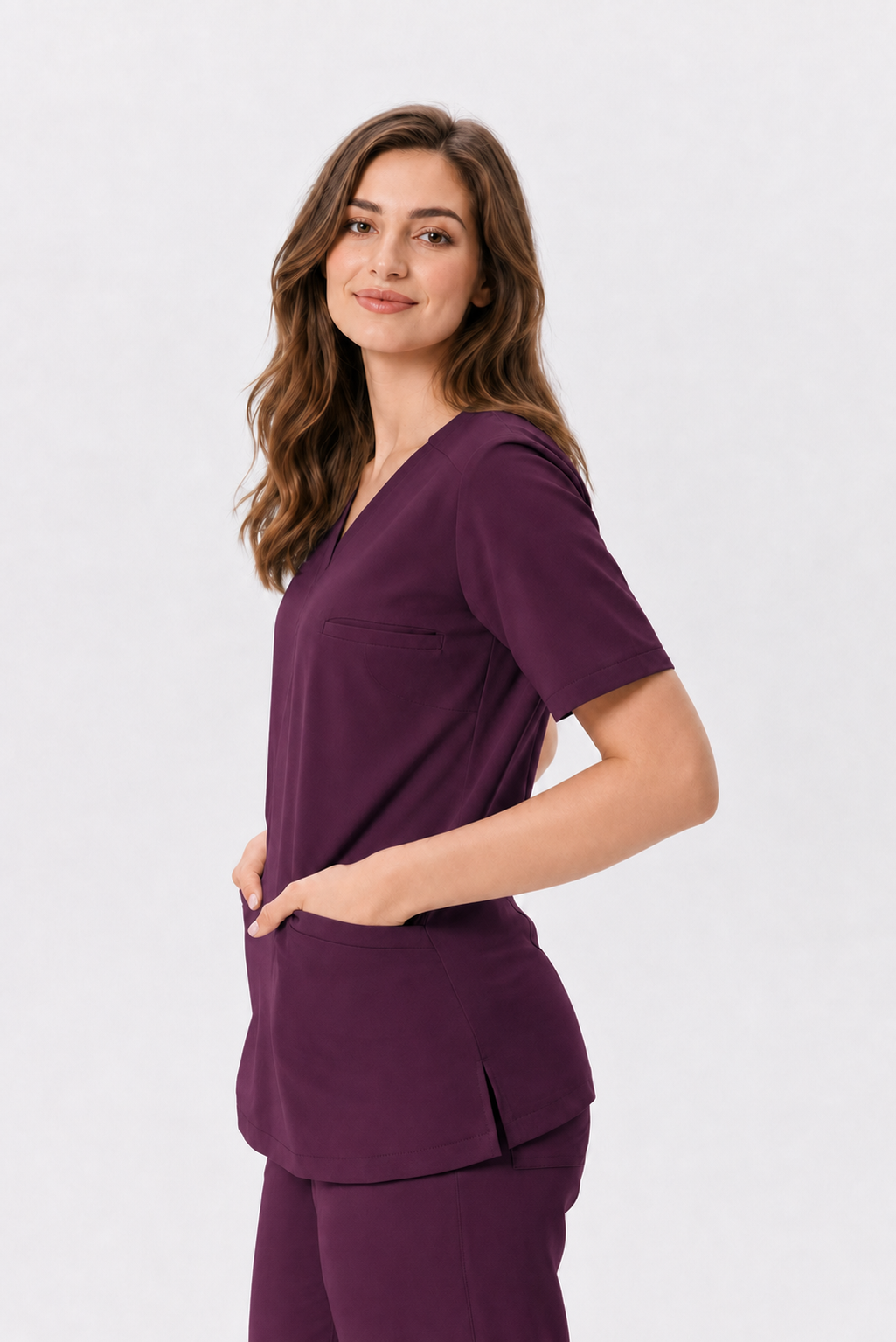 Damen Kasack mit V-Ausschnitt Livia, Farbe aubergine, Dreiviertelansicht