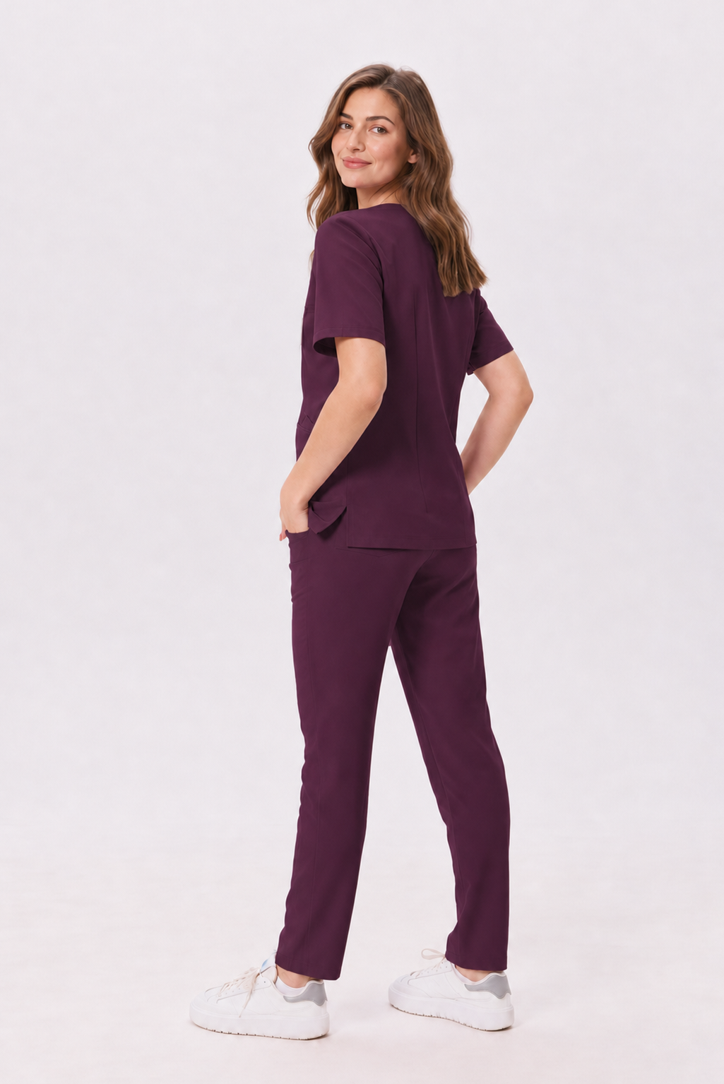 Damen Kasack mit V-Ausschnitt Livia, Farbe aubergine, hinten