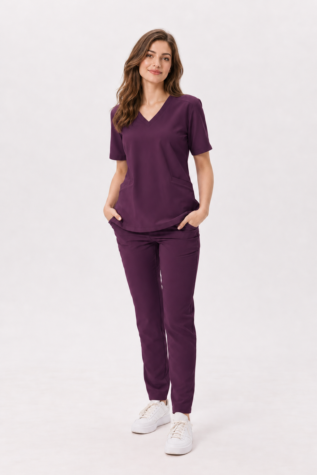 Damen Kasack mit V-Ausschnitt Livia, Farbe aubergine, vorne