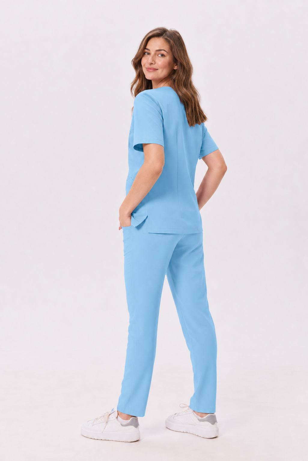 Damen Kasack mit V-Ausschnitt Livia, Farbe himmelblau, hinten