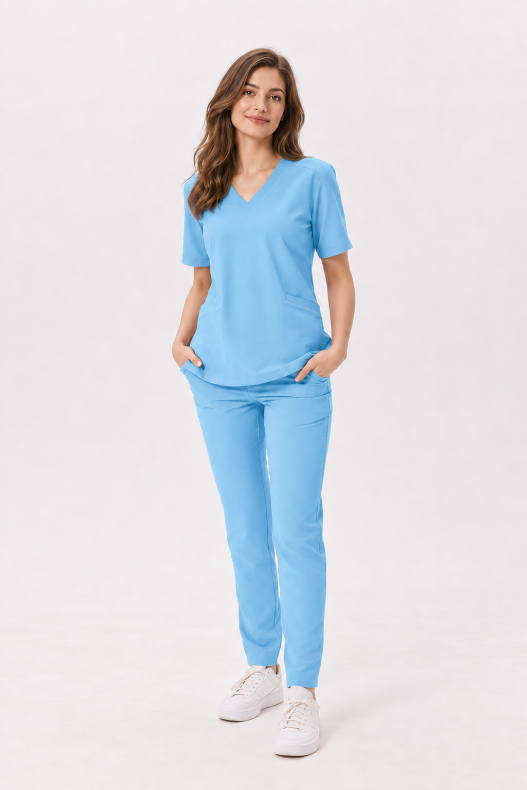 Damen Kasack mit V-Ausschnitt Livia, Farbe himmelblau, vorne