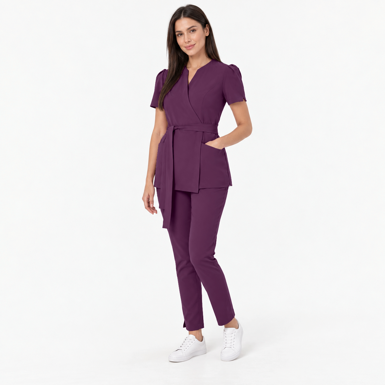Damen Wickeltunika Cleo, Farbe aubergine, Dreiviertelansicht