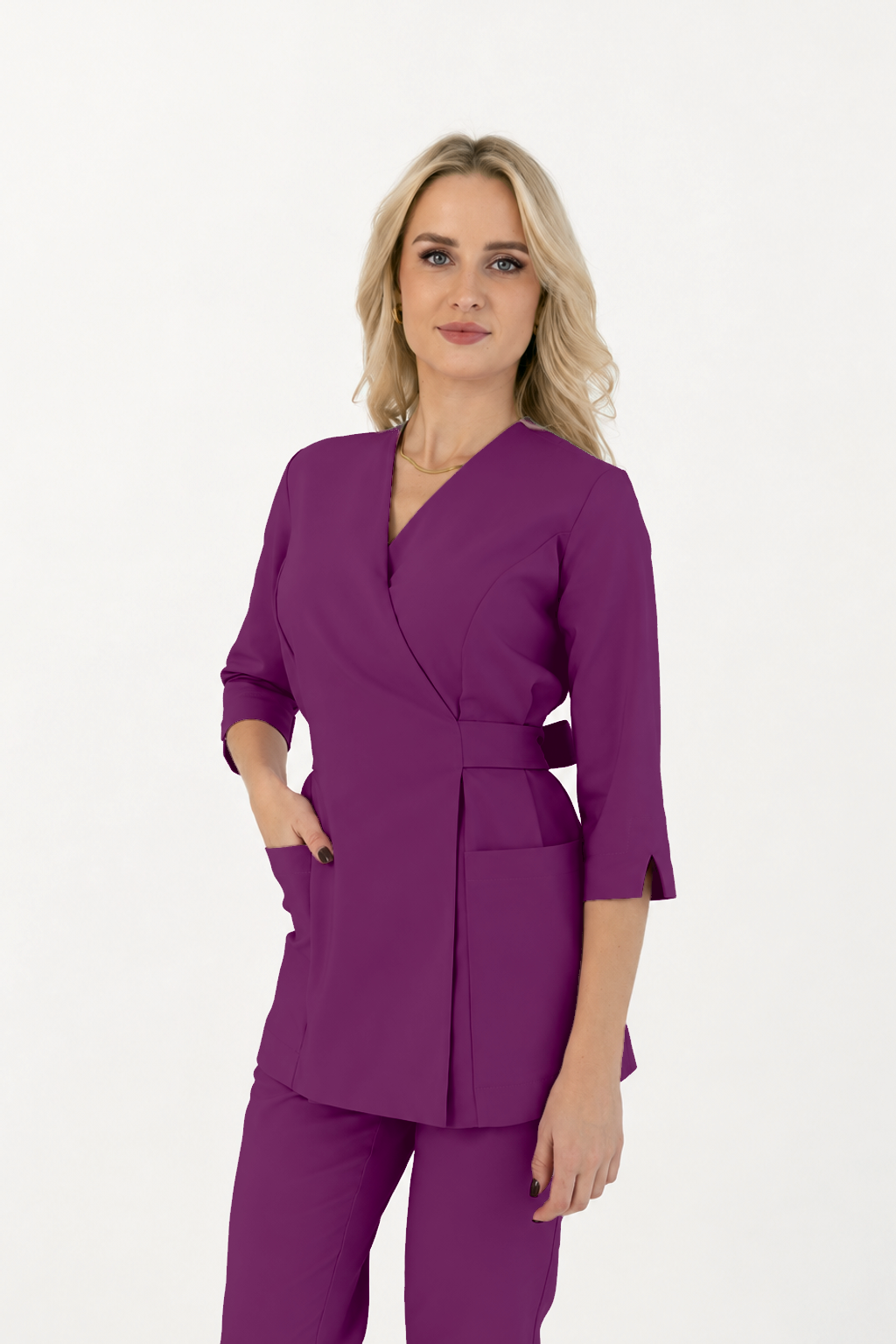 Damen Wickeltunika Ana, Farbe pflaume, Dreiviertelansicht